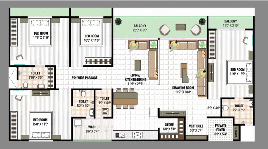3 BHK+3T 955/sqft-carpet Sqft Apartment For Sale In Jay Somnath Shivanta Castle In Nikol Floor Plan
