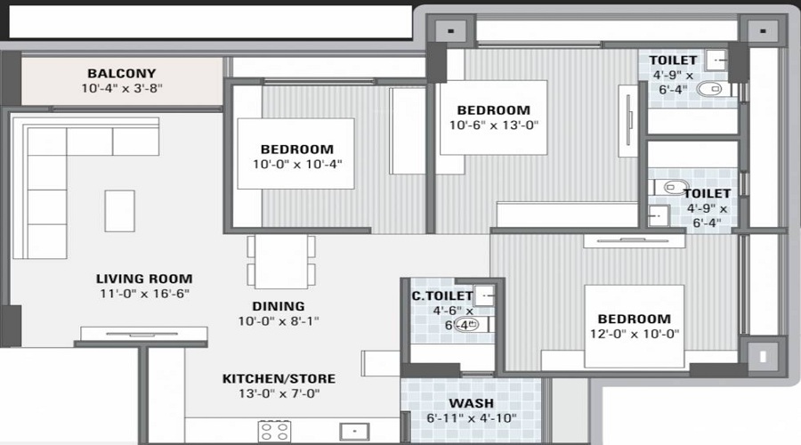 2 BHK+2T 649/sqft-carpet Sqft Apartment For Sale In Parmeshwar Trident In Chandkheda Floor Plan