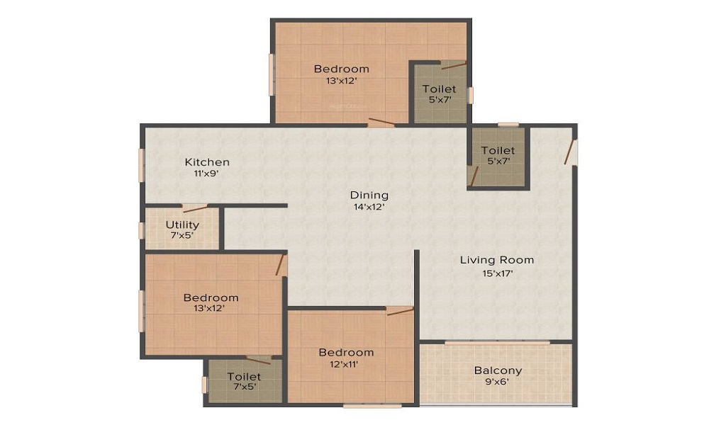 2 BHK+2T 1050/sqft-saleable Sqft Apartment For Sale In Colors Regalia Apartments In Delhi Dwarka Floor Plan