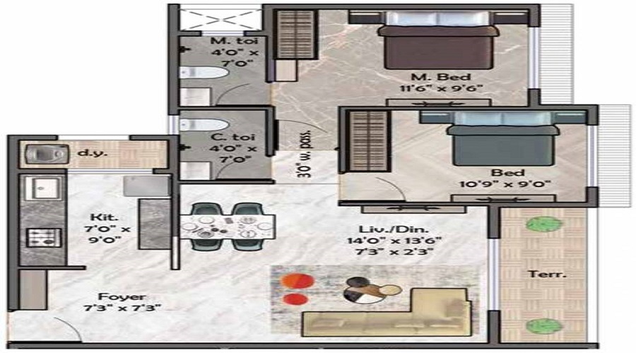 1 BHK+1T 362/sqft-carpet Sqft Apartment For Sale In Siddhivinayak Gaurav In Taloja Floor Plan