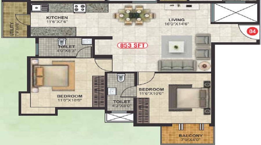 2 BHK+2T 853/sqft-carpet Sqft Apartment For Sale In SN Sannidhi In Horamavu Floor Plan