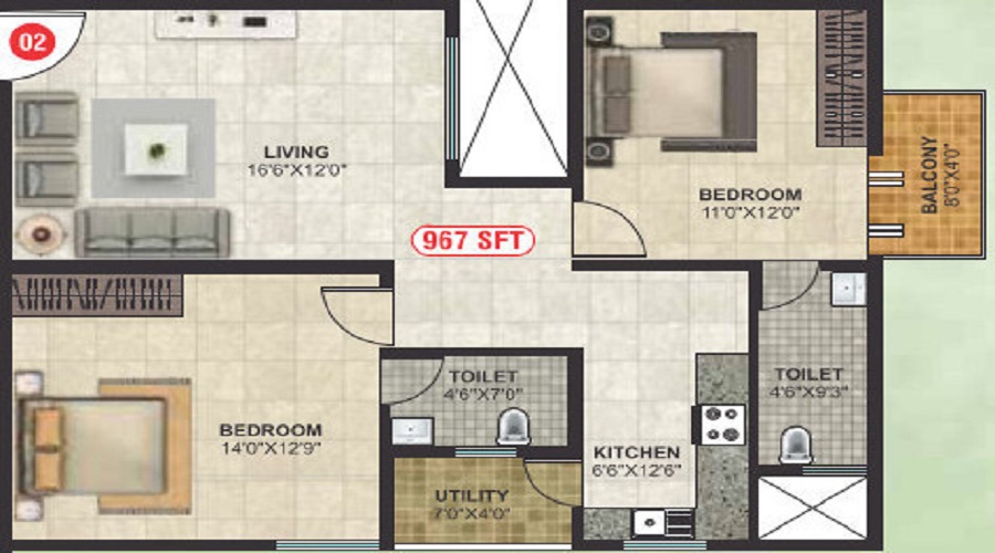 2 BHK+2T Apartment With Size 967/sqft-carpet Sqft For Sale In SN Sannidhi Horamavu Bangalore Floor Plan