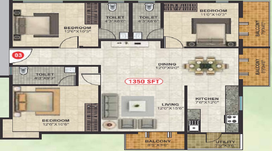 2 BHK+2T Apartment With Size 1034/sqft-carpet Sqft For Sale In SN Sannidhi Horamavu Bangalore Floor Plan