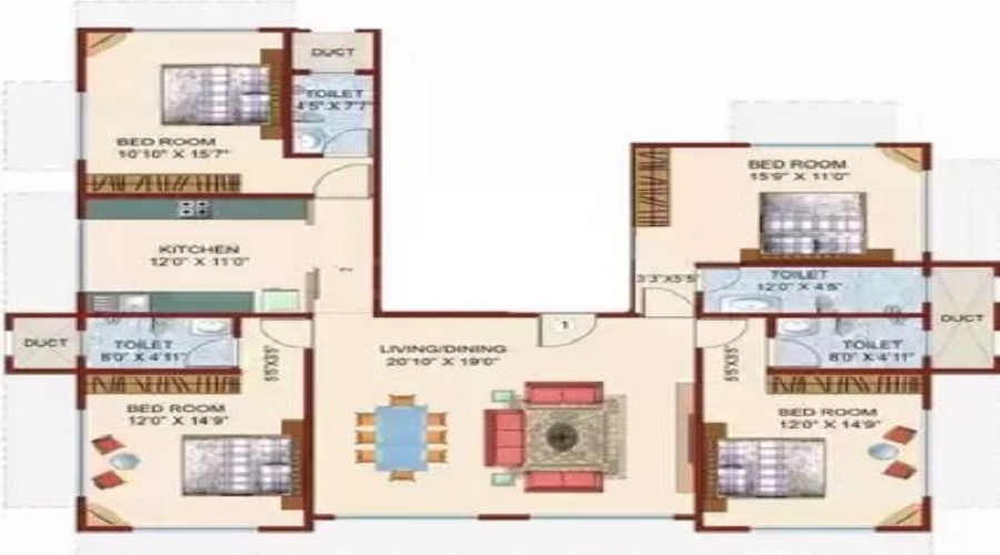 3 BHK+3T 1150/sqft-carpet Sqft Apartment For Sale In Raunak Ashirwad In Matunga Floor Plan