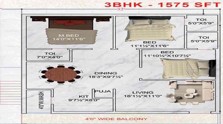 2 BHK+2T 1225/sqft-carpet Sqft Apartment For Sale In Anubandana Sai Sadan Enclave In Kondapur Floor Plan