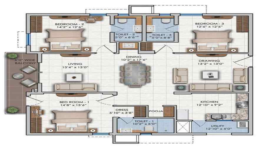 2 BHK+2T 1335/sqft-carpet Sqft Apartment For Sale In ASBL Lake Side In Manikonda Floor Plan