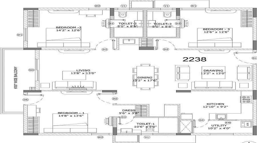 2 BHK+2T 1335/sqft-carpet Sqft Apartment For Sale In ASBL Lake Side In Manikonda Floor Plan