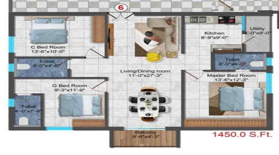 2 BHK+2T 1070/sqft-carpet Sqft Apartment For Sale In Gruhitha Lavender Sky In Patancheru Floor Plan
