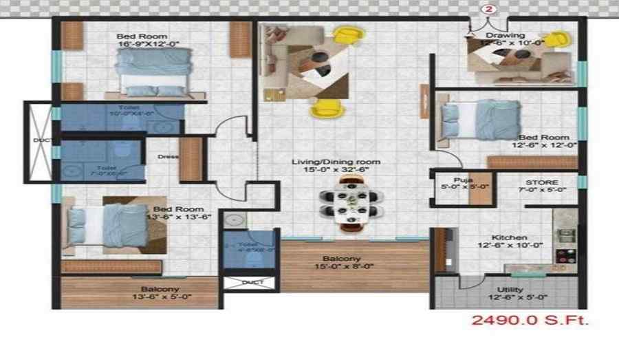 2 BHK+2T 1070/sqft-carpet Sqft Apartment For Sale In Gruhitha Lavender Sky In Patancheru Floor Plan