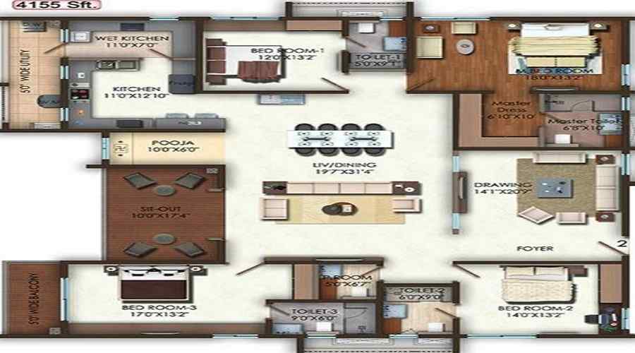 3 BHK+3T 2876/sqft-carpet Sqft Apartment For Sale In Aparna One In Shaikpet Floor Plan