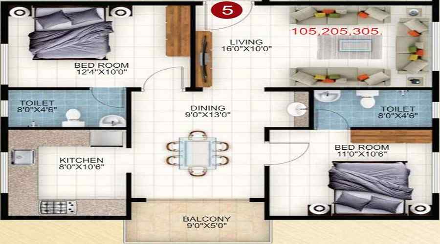 2 BHK+2T 1050/sqft-carpet Sqft Apartment For Sale In Vaishnavi Grandeur In Kalkere Floor Plan