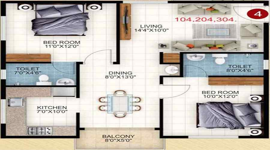 2 BHK+2T 1050/sqft-carpet Sqft Apartment For Sale In Vaishnavi Grandeur In Kalkere Floor Plan