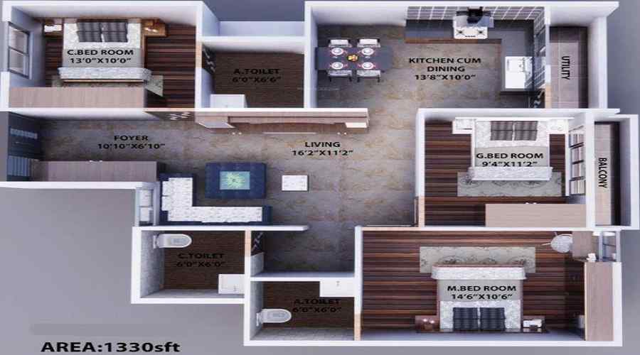 2 BHK+2T 1152/sqft-carpet Sqft Apartment For Sale In ANR Alpine Heights In Doddagubbi Floor Plan