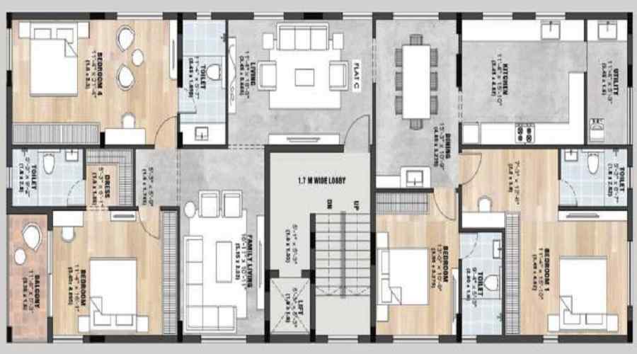 3 BHK+3T 1300/sqft-carpet Sqft Apartment For Sale In Sreerosh Plumeria In Anna Nager Floor Plan