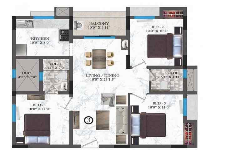 2 BHK+2T 1017/sqft-carpet Sqft Apartment For Sale In Jones The Breeze In Sithalapakkam Floor Plan