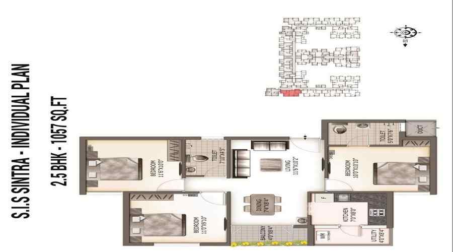 2 BHK+2T 662/sqft-carpet Sqft Apartment For Sale In South India SIS Sintra In Kolapakkam Floor Plan