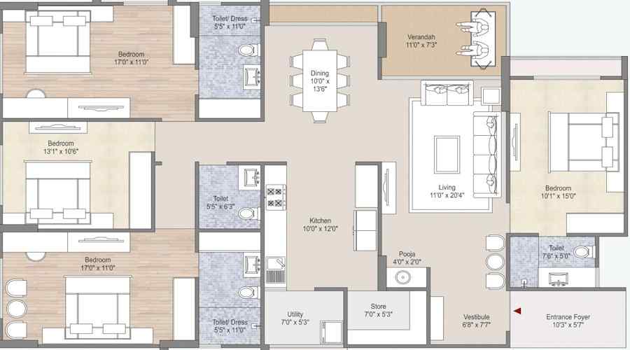 3 BHK+3T 1074/sqft-carpet Sqft Apartment For Sale In Indraprasth Saptak In Nava Vadaj Floor Plan