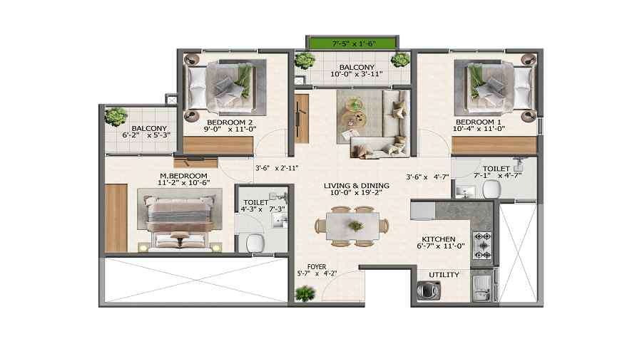 2 BHK+2T 1036/sqft-carpet Sqft Apartment For Sale In Sowparnika Whispering Petals In Hoskote Floor Plan
