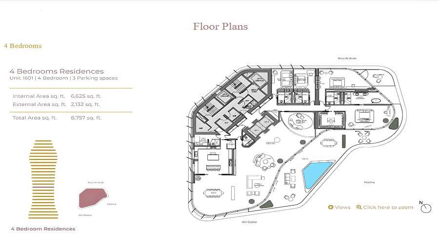3 BHK+3T 6645/sqft-carpet Sqft Apartment For Sale In Omniyat Dorchester Collection In Business Bay Floor Plan