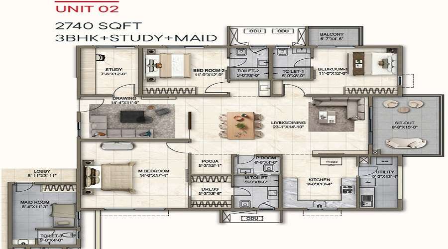 3 BHK+3T 1585/sqft-carpet Sqft Apartment For Sale In Poulomi Florique In Thanisandra Floor Plan