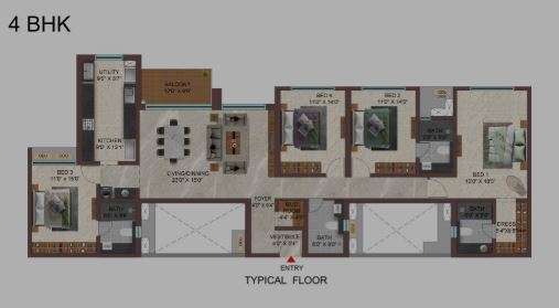 3 BHK+3T 1331/sqft-carpet Sqft Apartment For Sale In Casagrand Suncity In Kelambakkam Floor Plan