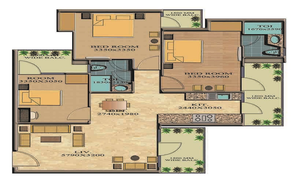 2 BHK+2T 970/sqft-saleable Sqft Apartment For Sale In Arun Ragamalika Phase II In Medavakkam Floor Plan
