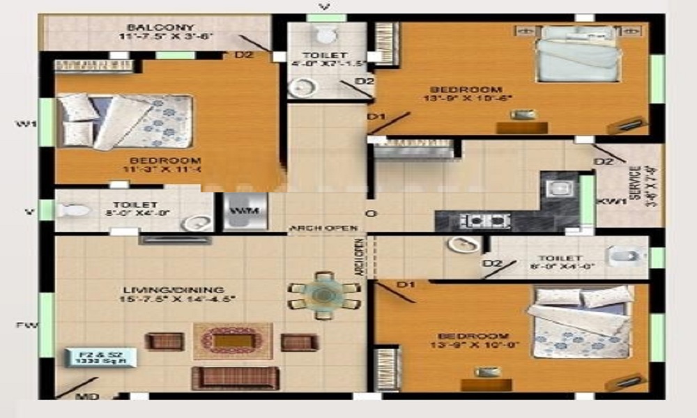 2 BHK+2T 975/sqft-saleable Sqft Apartment For Sale In Authentic Blossoms In Arumbakkam Floor Plan
