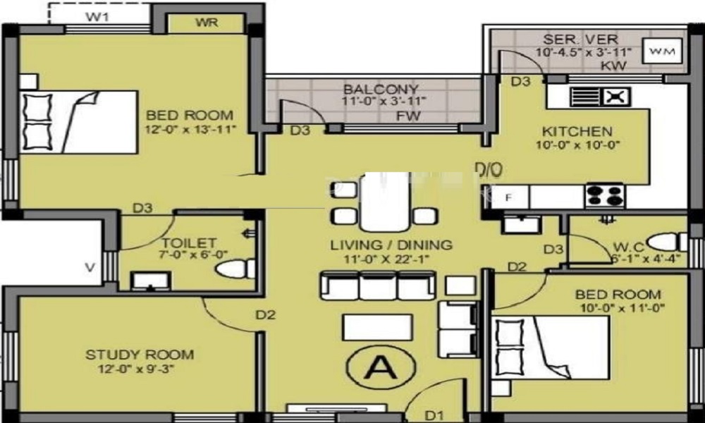 2 BHK+2T 890/sqft-saleable Sqft Apartment For Sale In Ayya Mahaguru In Velachery Floor Plan